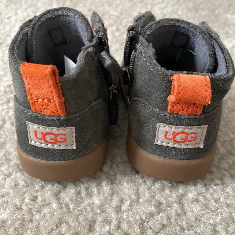 UGG Kids Dark Gray Suede Boots with Orange Accents